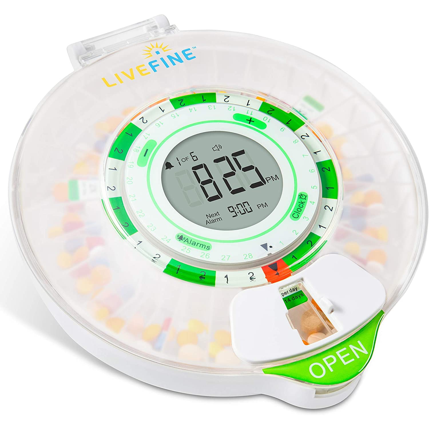 LiveFine 28-Day Automatic Pill Dispenser with Upgraded LCD Display, Key Lock, Sound & Light for Prescriptions, Medication, Vitamins, Supplements &