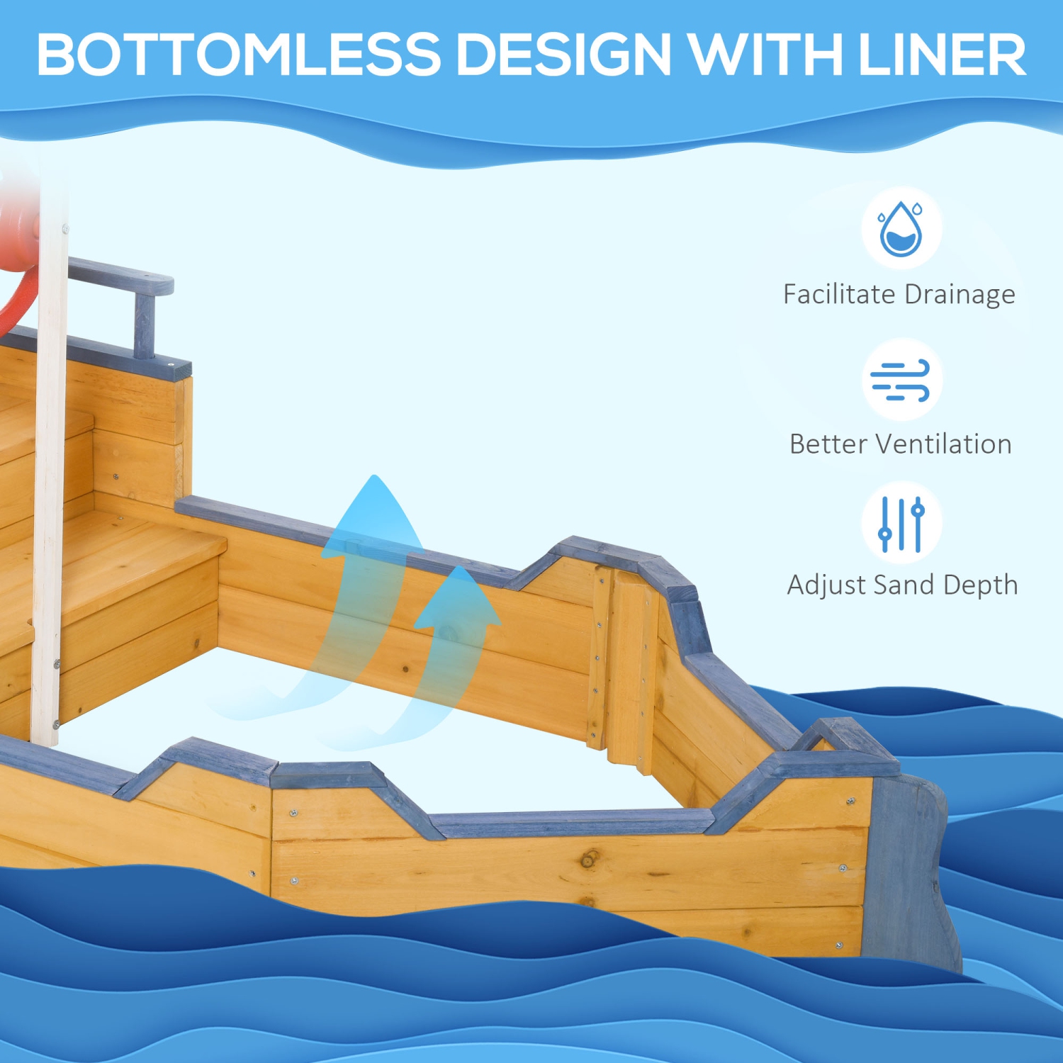 Bac à sable en bois Pirate Ship Sandboat Outdoor Backyard pour enfants SandPit avec banquette espace de rangement et drapeau pour 3-6 ans