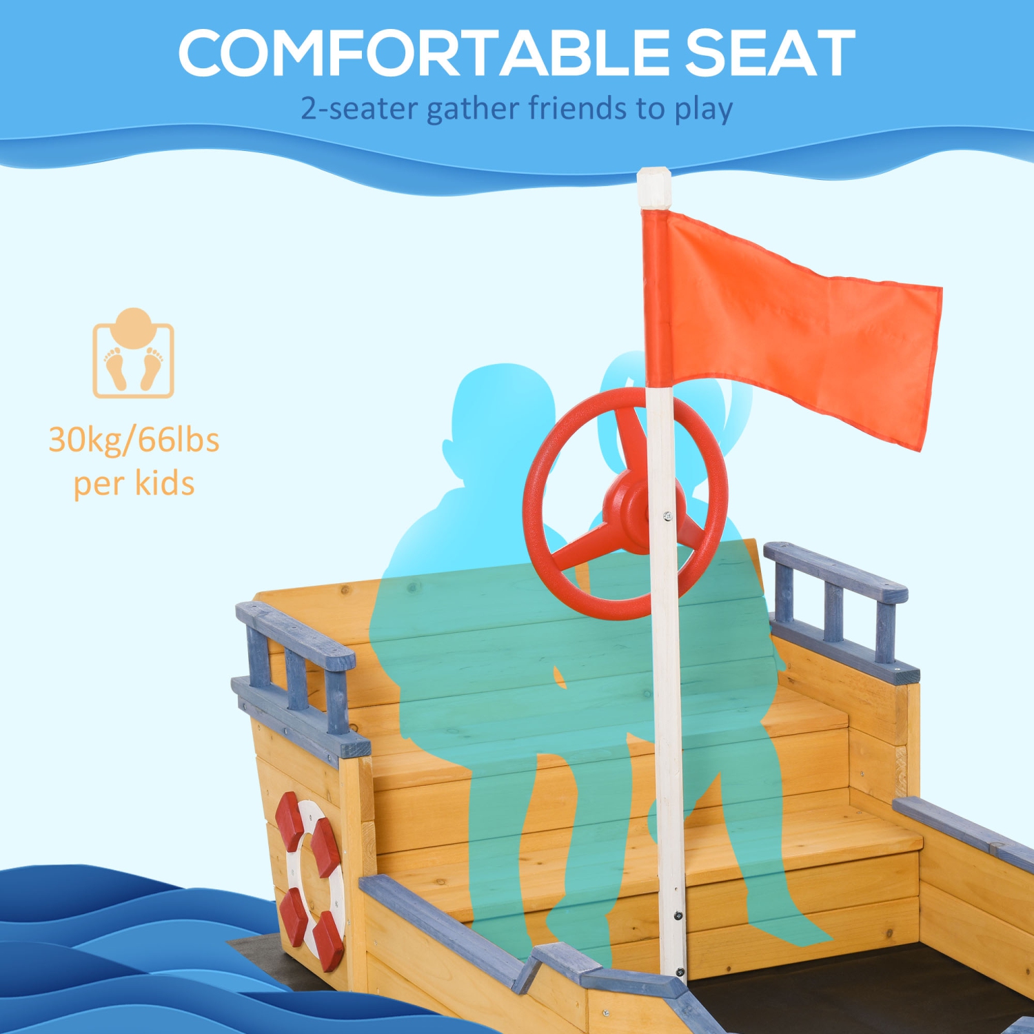 Bac à sable en bois Pirate Ship Sandboat Outdoor Backyard pour enfants SandPit avec banquette espace de rangement et drapeau pour 3-6 ans