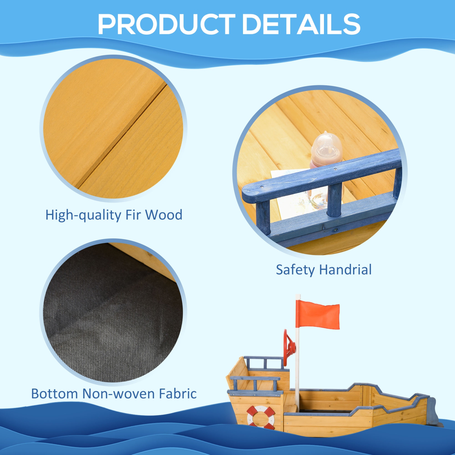 Bac à sable en bois Pirate Ship Sandboat Outdoor Backyard pour enfants SandPit avec banquette espace de rangement et drapeau pour 3-6 ans