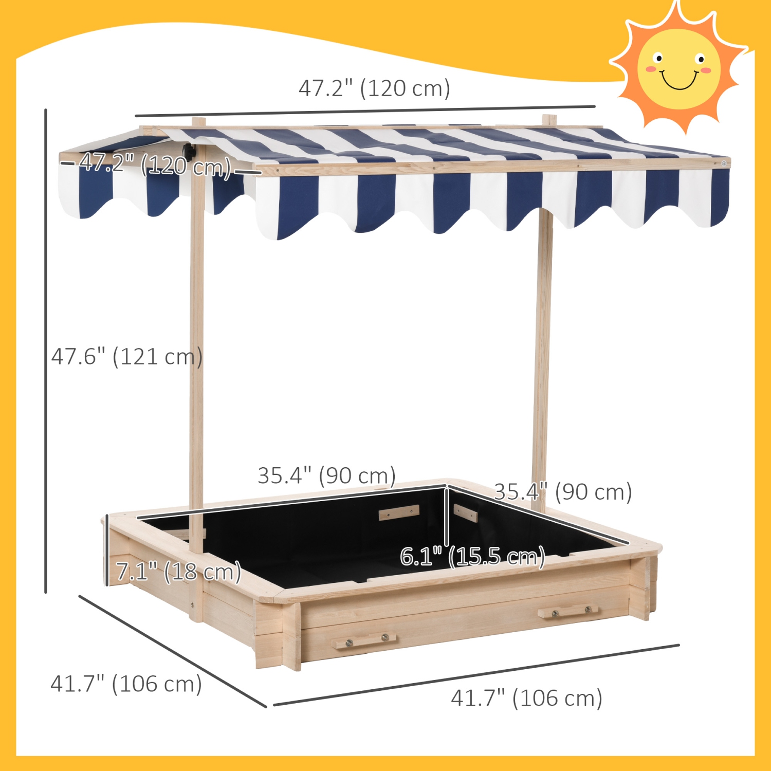 Outsunny Kids – Bac à sable en bois avec auvent réglable et escamotable et banquettes pliables pour 3-7 ans, naturel