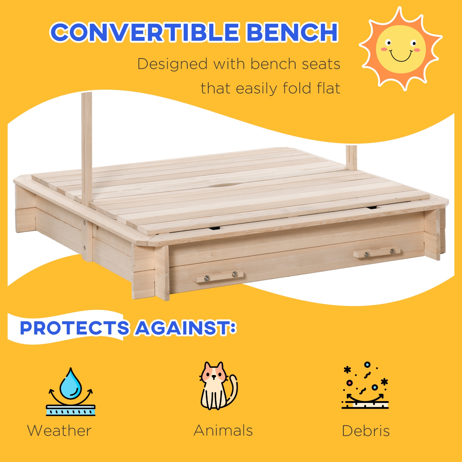Outsunny Kids – Bac à sable en bois avec auvent réglable et escamotable et banquettes pliables pour 3-7 ans, naturel