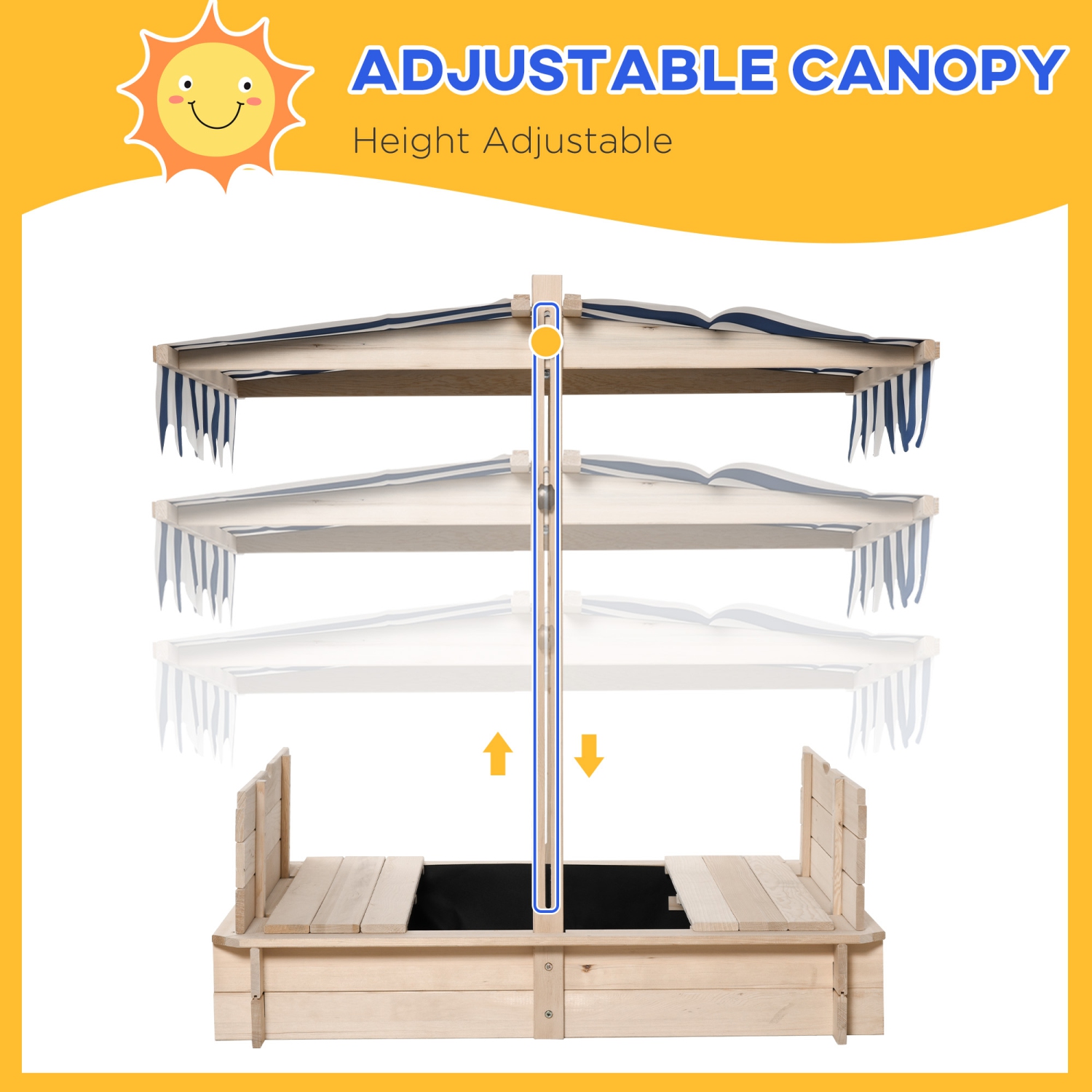 Outsunny Kids – Bac à sable en bois avec auvent réglable et escamotable et banquettes pliables pour 3-7 ans, naturel