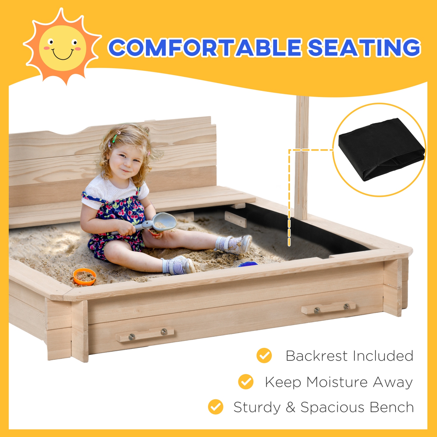 Outsunny Kids – Bac à sable en bois avec auvent réglable et escamotable et banquettes pliables pour 3-7 ans, naturel