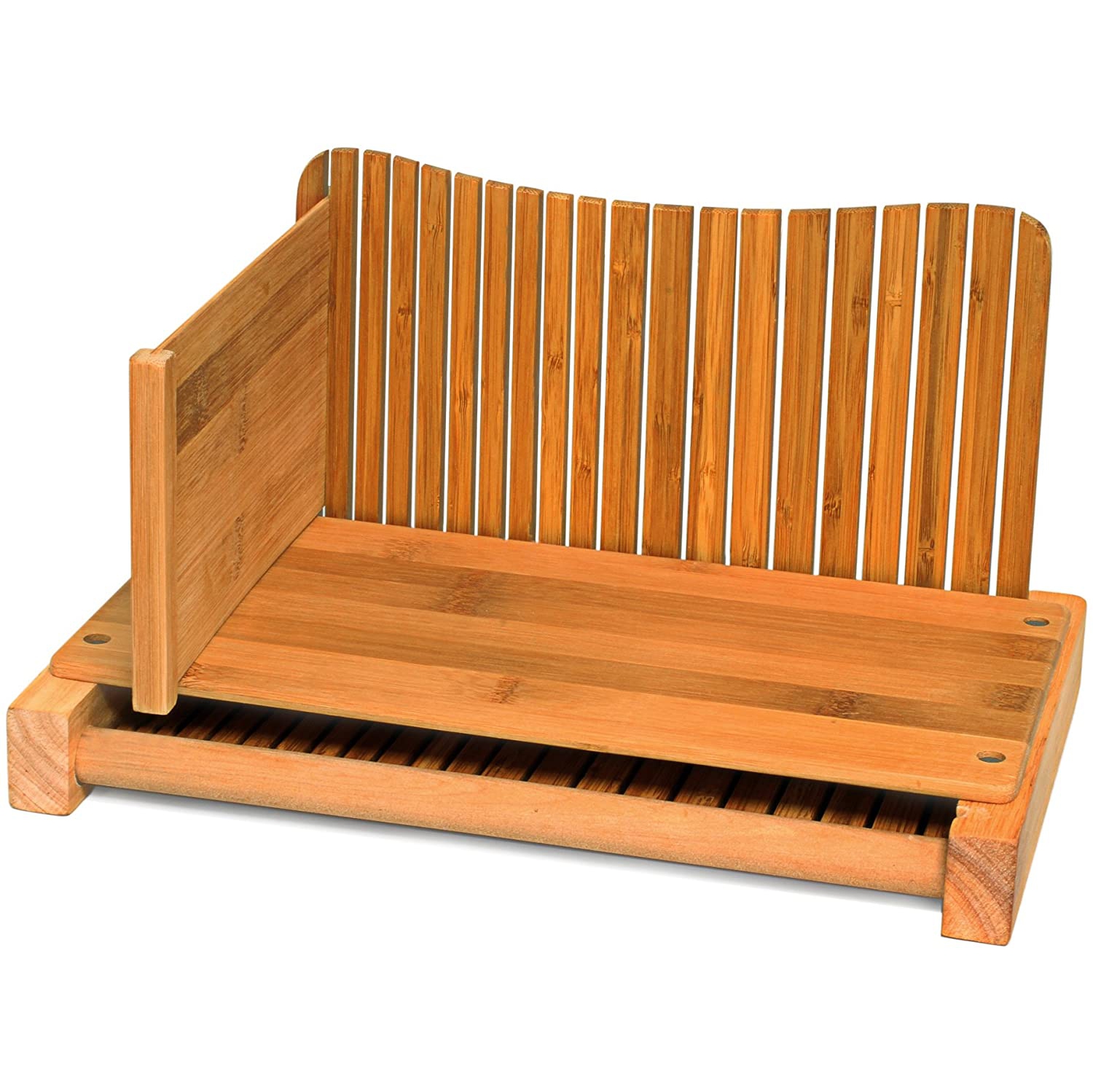 Cette trancheuse à pain pliable compacte DE DB-Tech tranche 3 tailles d’épaisseur, produit des tranches parfaites à tout coup, 100 % bambou