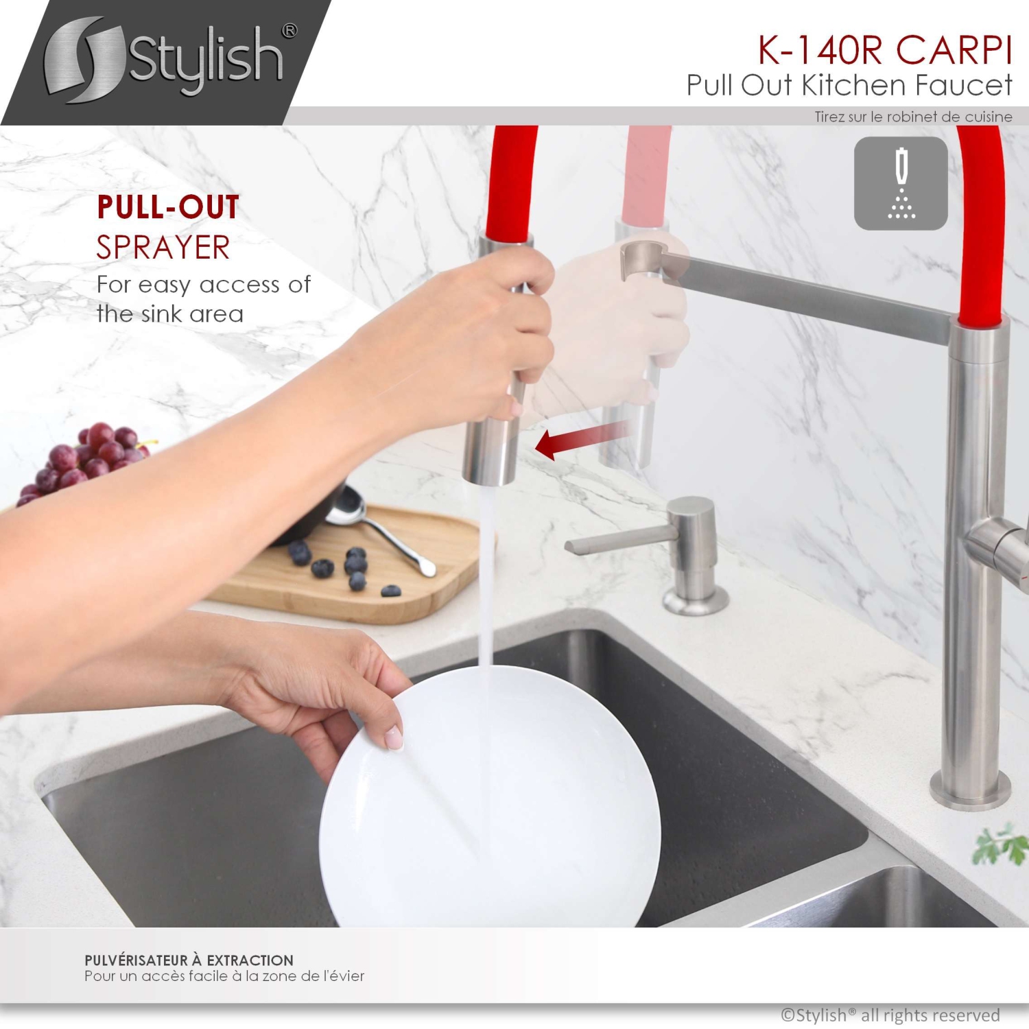 Single Handle Stainless Steel with Red Spout Hose Pull Out Three Modes Kitchen Faucet