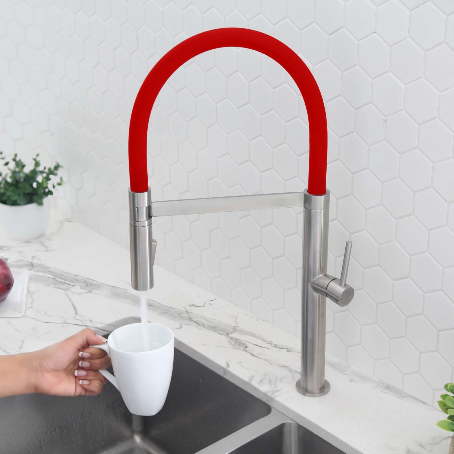 Single Handle Stainless Steel with Red Spout Hose Pull Out Three Modes Kitchen Faucet