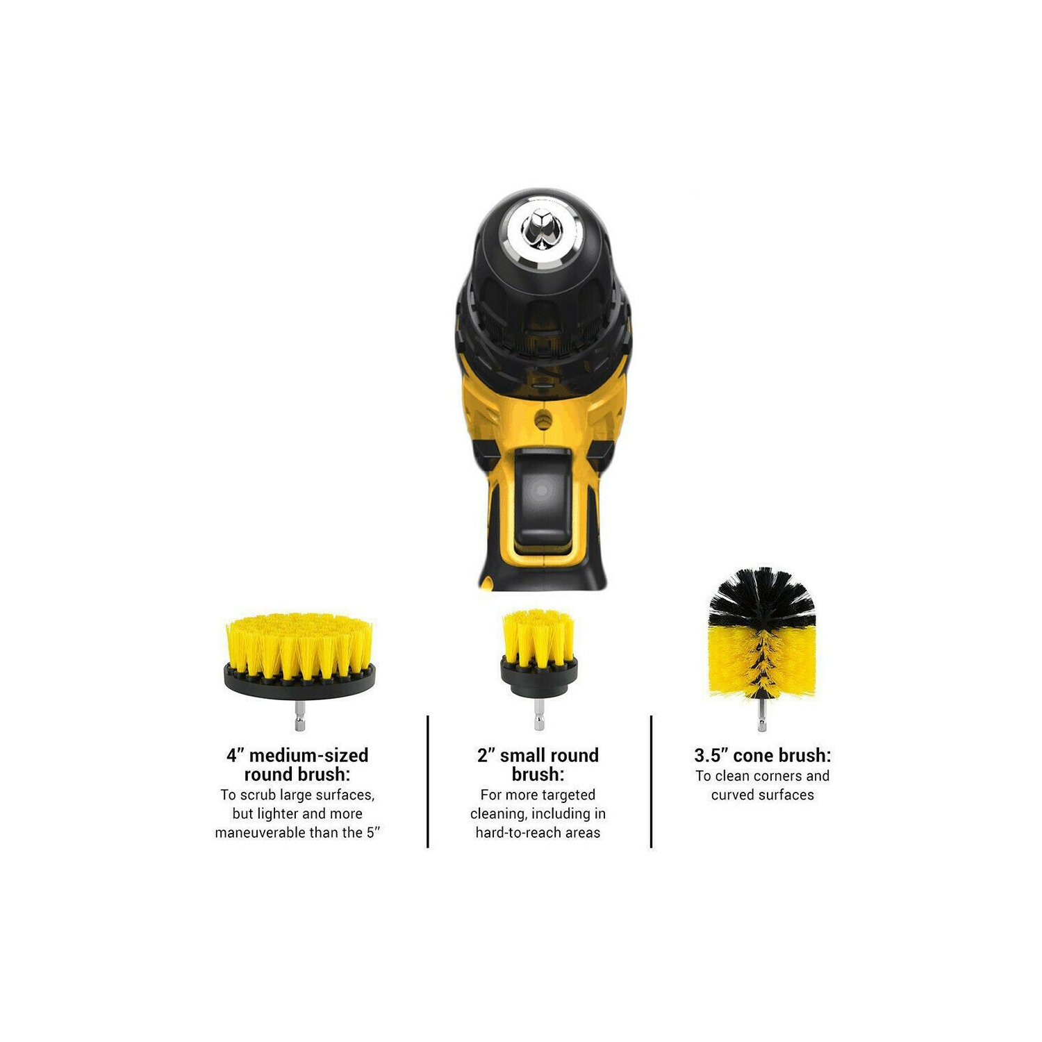 3 Pcs Set: 1 x 4 inch Drill Brush , 1 x 3.5 inch Wheel Brush , 1 x 2.5 inch Detailing Brush . If these Detailing Brush Set don't live up to your