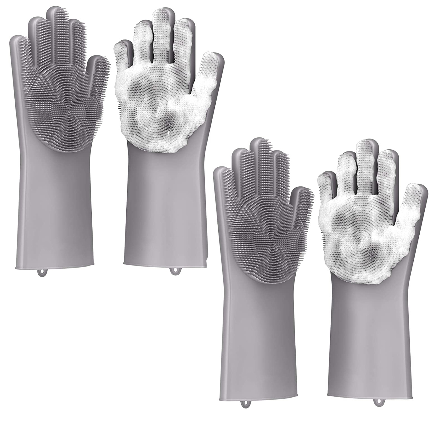ISTAR Reusable Silicone Dishwashing Gloves, Pair of Rubber Scrubbing Gloves for Dishes, Wash Cleaning Gloves with Sponge Scrubbers for Washing Kitchen, Bathroom, Car & More (2 Pair , Grey)