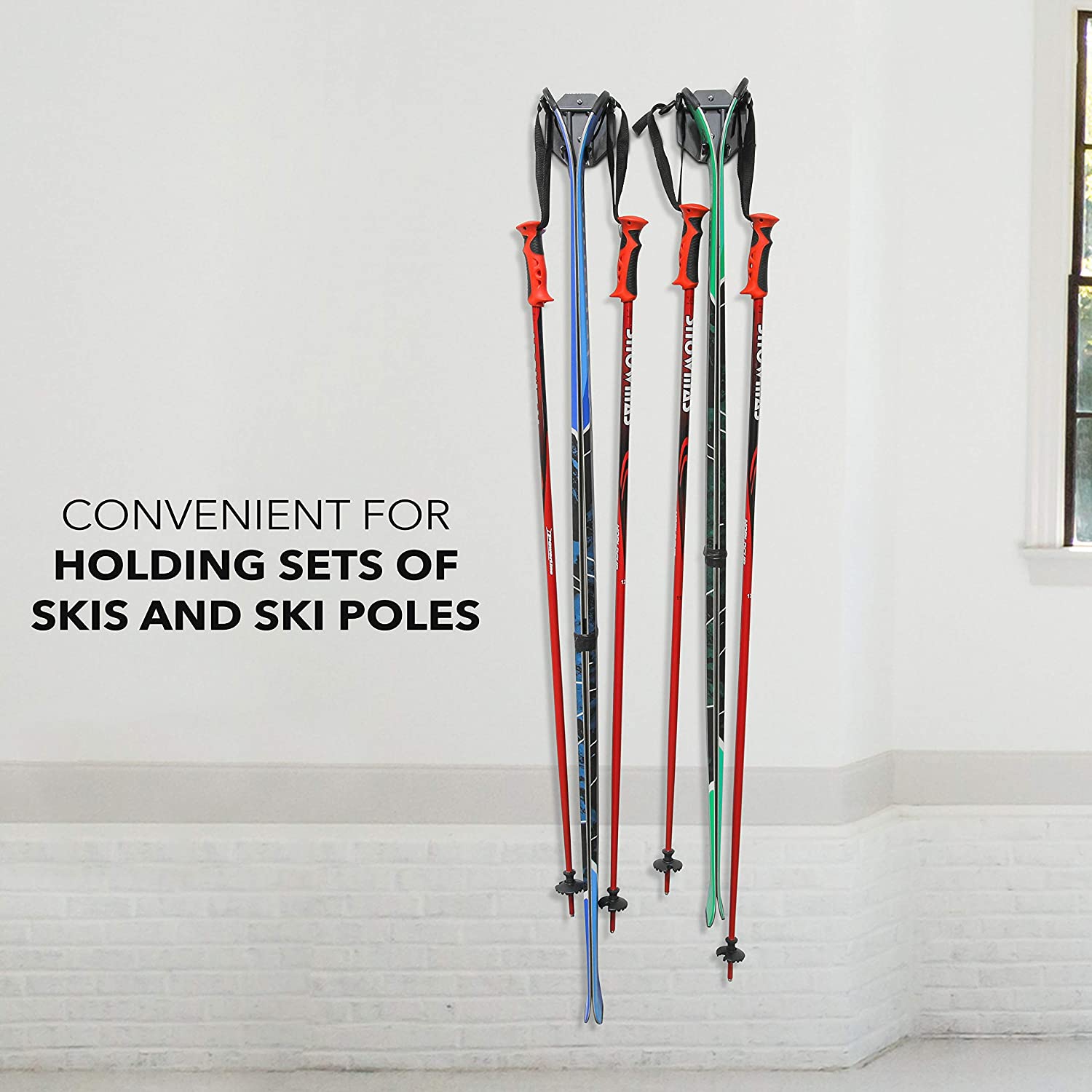 Ski Wall Mounted Rack, Holds 2 Pairs of Skis & Skiing Poles or Snowboard, for Home and Garage Storage, Wall Mounted, Heavy Duty, Rubber-Coated Hook,