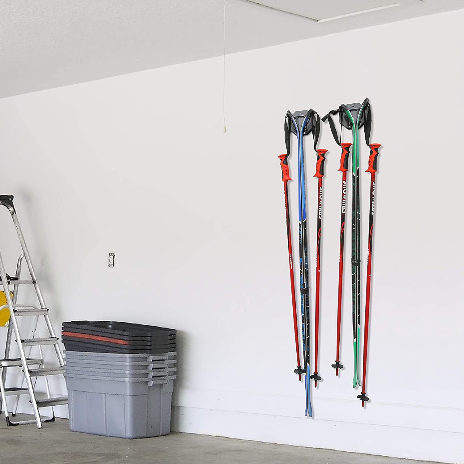 Ski Wall Mounted Rack, Holds 2 Pairs of Skis & Skiing Poles or Snowboard, for Home and Garage Storage, Wall Mounted, Heavy Duty, Rubber-Coated Hook,