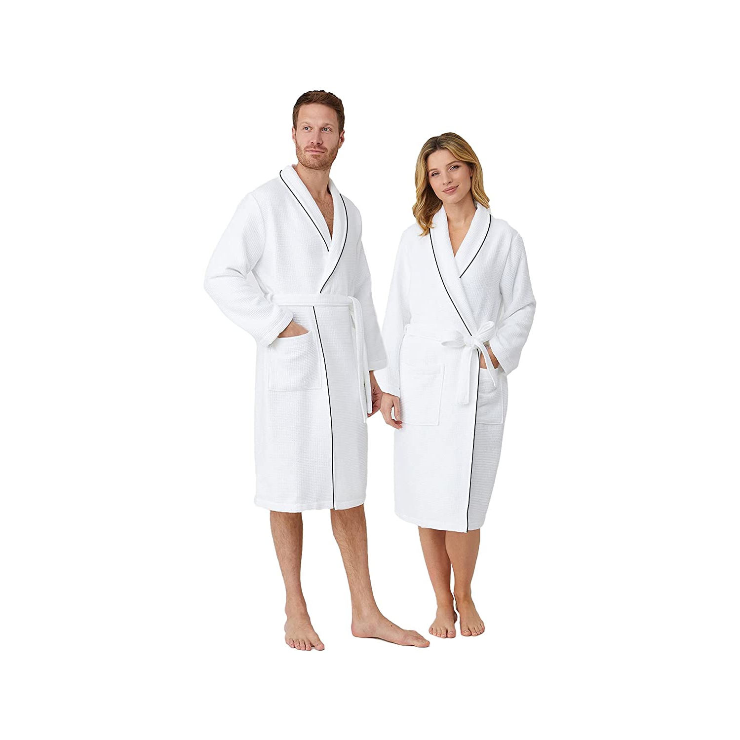 Canadian Linen Waffle Luxurious Kashmir Couple Bathrobe Color Piping, [2 Pieces] Unisex Sleepwear Spa Robe for Men Women (X-Large - White)
