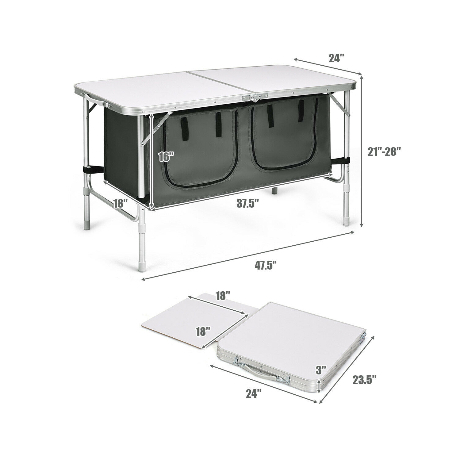 Gymax Folding Camping Table Aluminum Height Adjustable w/ Storage Organizer Grey