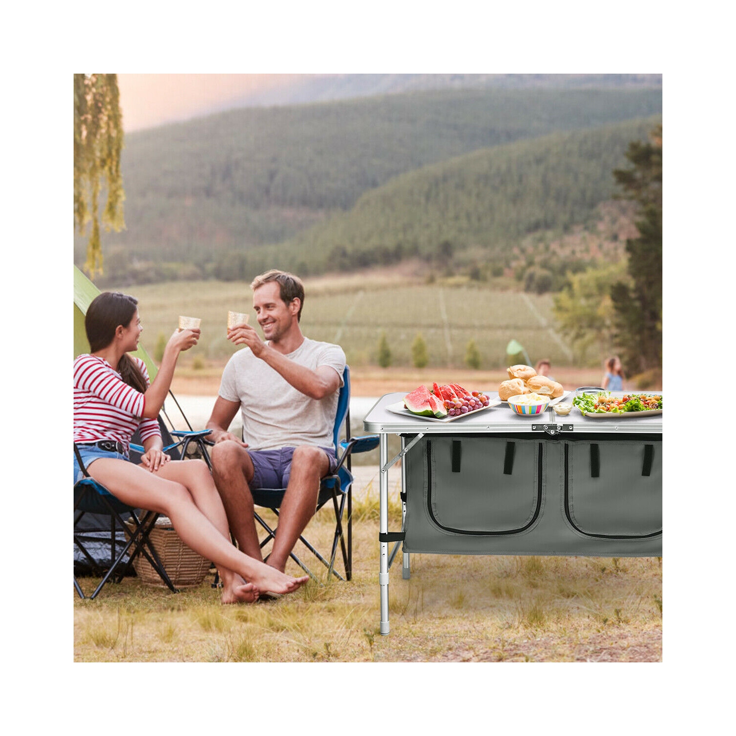 Gymax Folding Camping Table Aluminum Height Adjustable w/ Storage Organizer Grey