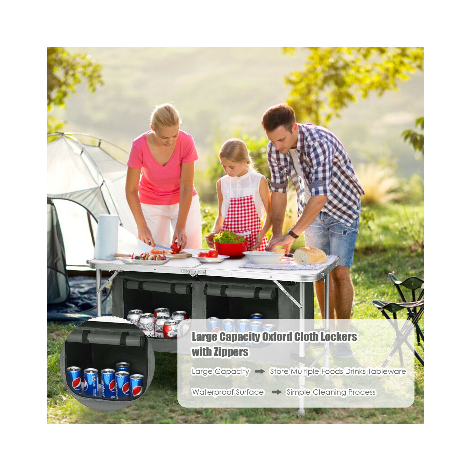 Gymax Folding Camping Table Aluminum Height Adjustable w/ Storage Organizer Grey
