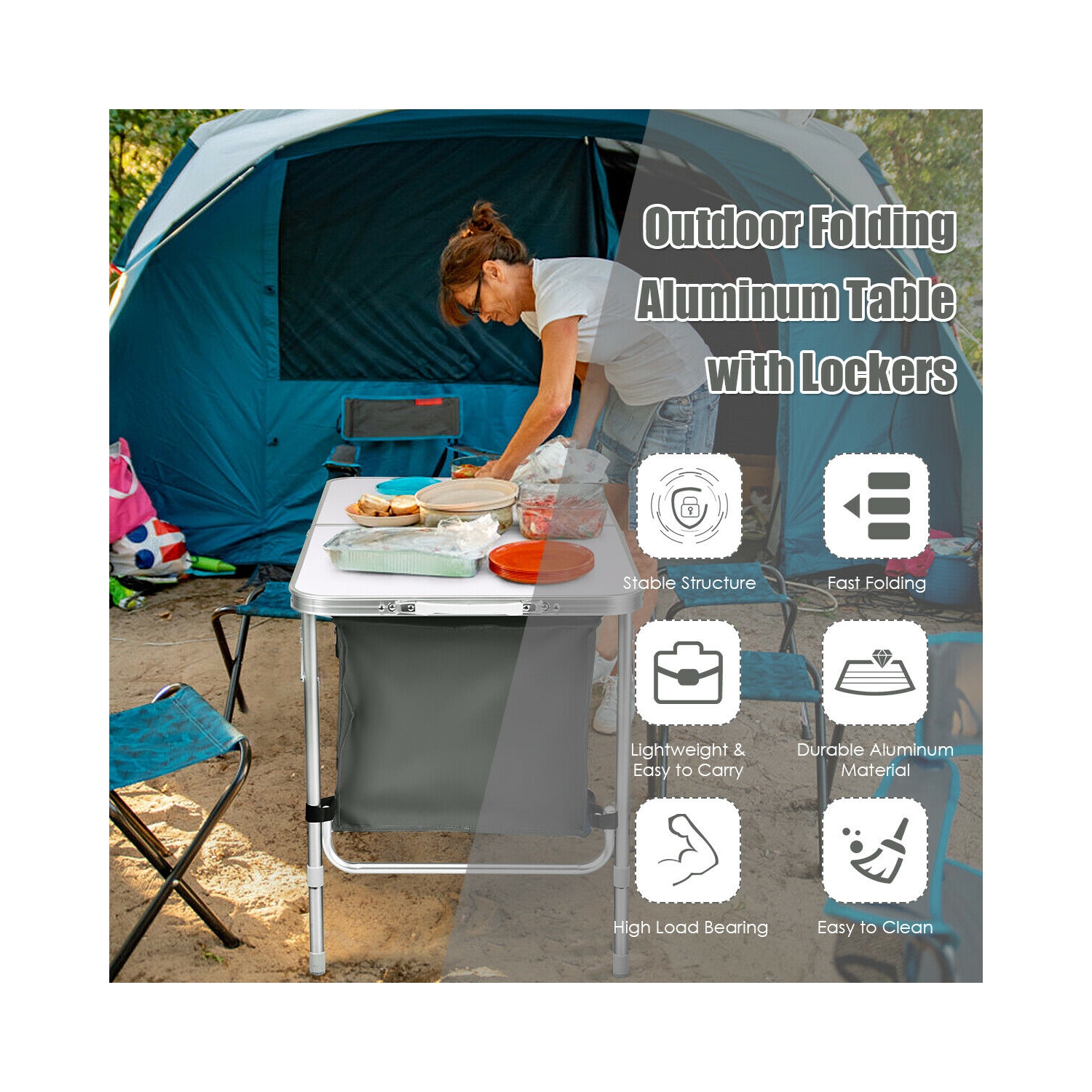 Gymax Folding Camping Table Aluminum Height Adjustable w/ Storage Organizer Grey