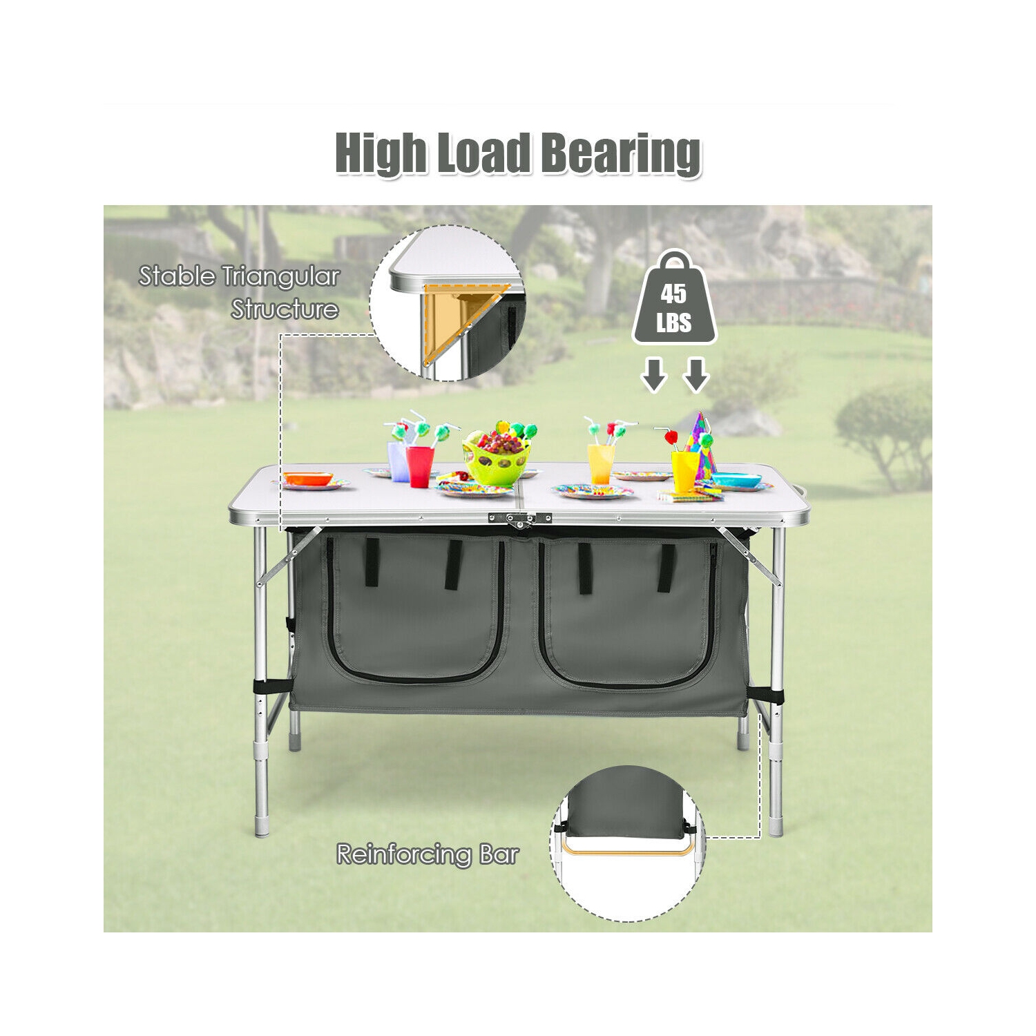 Gymax Folding Camping Table Aluminum Height Adjustable w/ Storage Organizer Grey