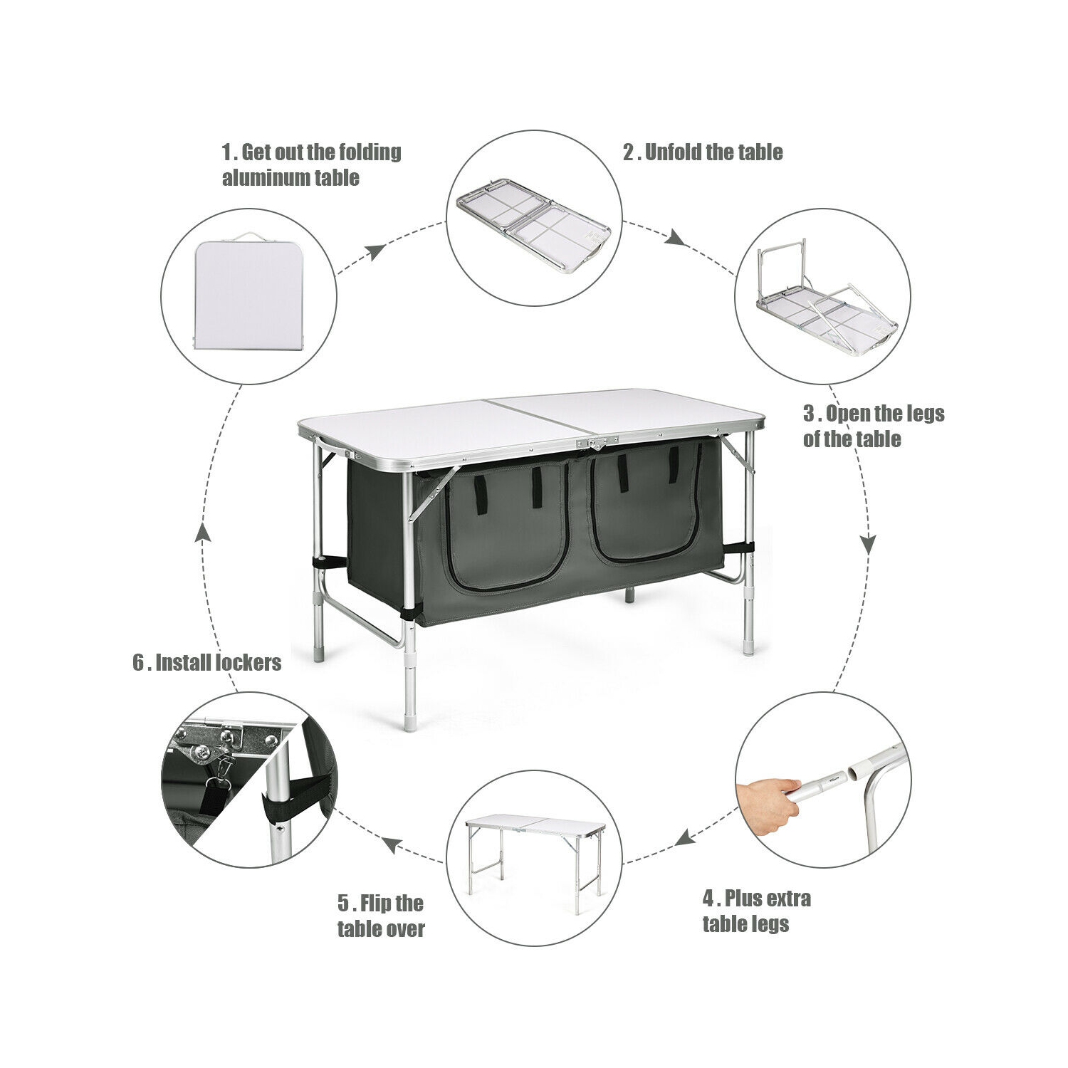 Gymax Folding Camping Table Aluminum Height Adjustable w/ Storage Organizer Grey