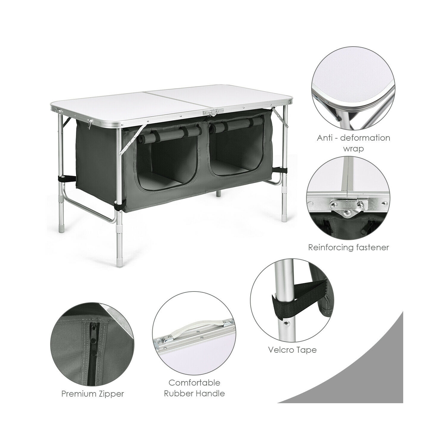 Gymax Folding Camping Table Aluminum Height Adjustable w/ Storage Organizer Grey