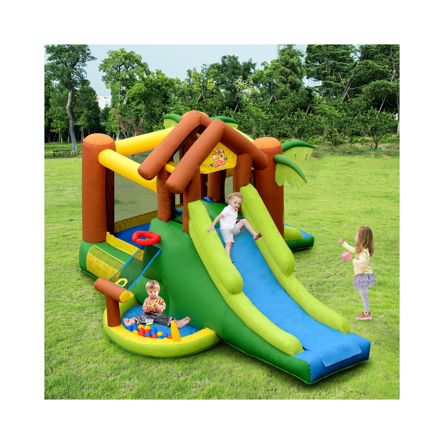 Gymax Inflatable Bounce House Jungle Jumping Bouncer Double Slides Park w/ Blower