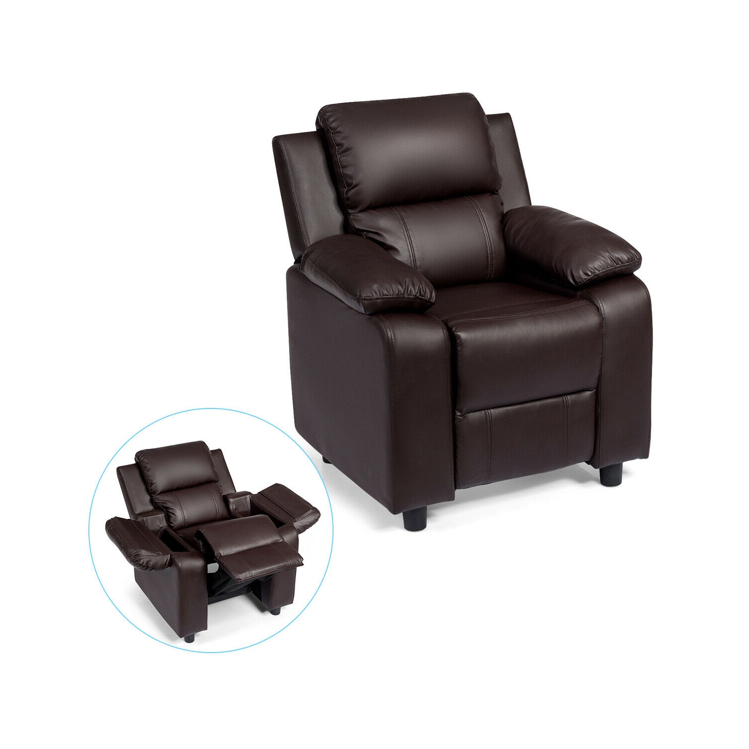 Gymax Deluxe Padded Kids Sofa Armchair Recliner Headrest Children w/ Storage Arm Brown