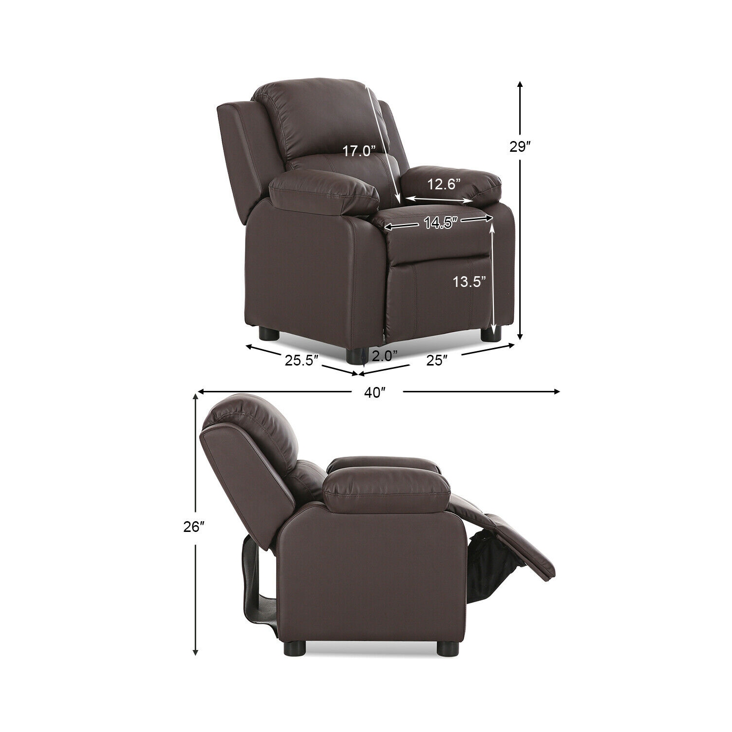 Gymax Deluxe Padded Kids Sofa Armchair Recliner Headrest Children w/ Storage Arm Brown