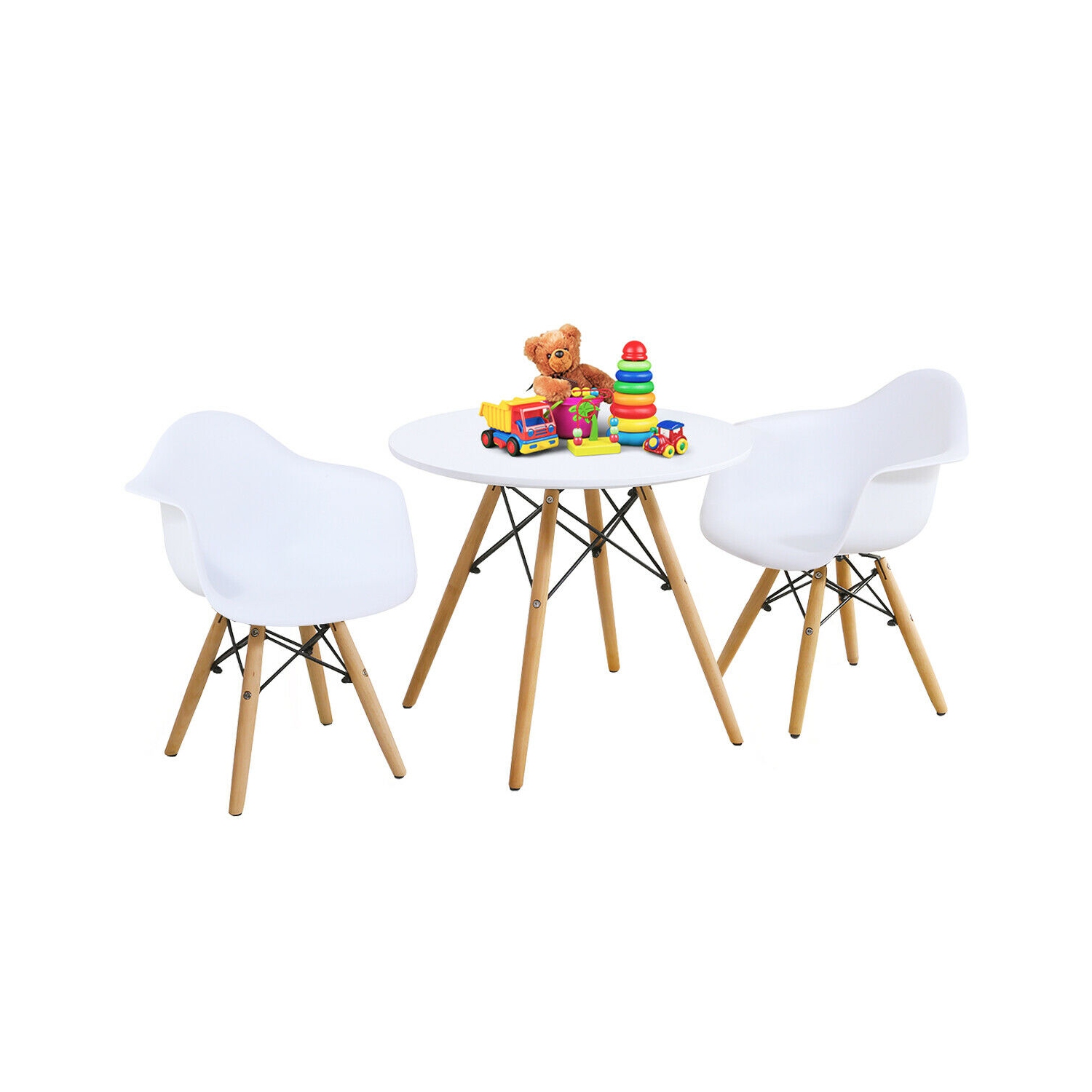 Gymax 3 Piece Kids Round Table Chair Set with 2 Arm Chairs White