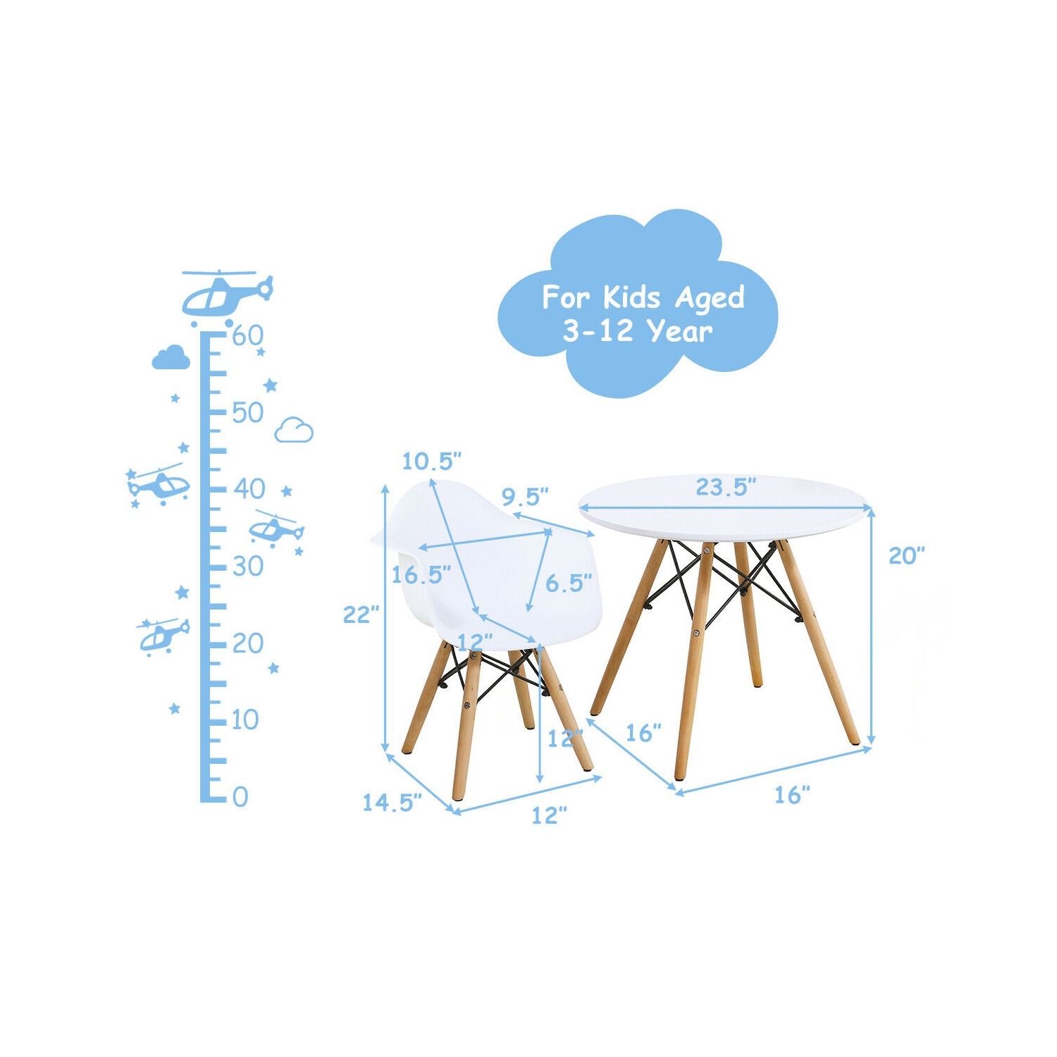 Gymax 3 Piece Kids Round Table Chair Set with 2 Arm Chairs White