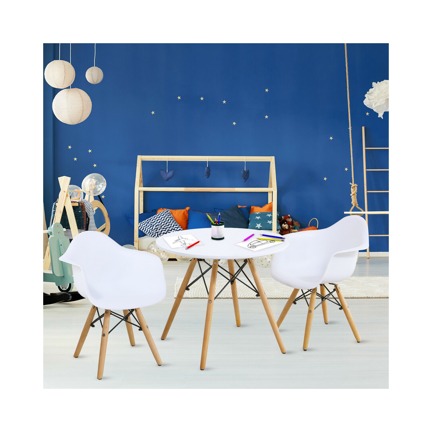 Gymax 3 Piece Kids Round Table Chair Set with 2 Arm Chairs White