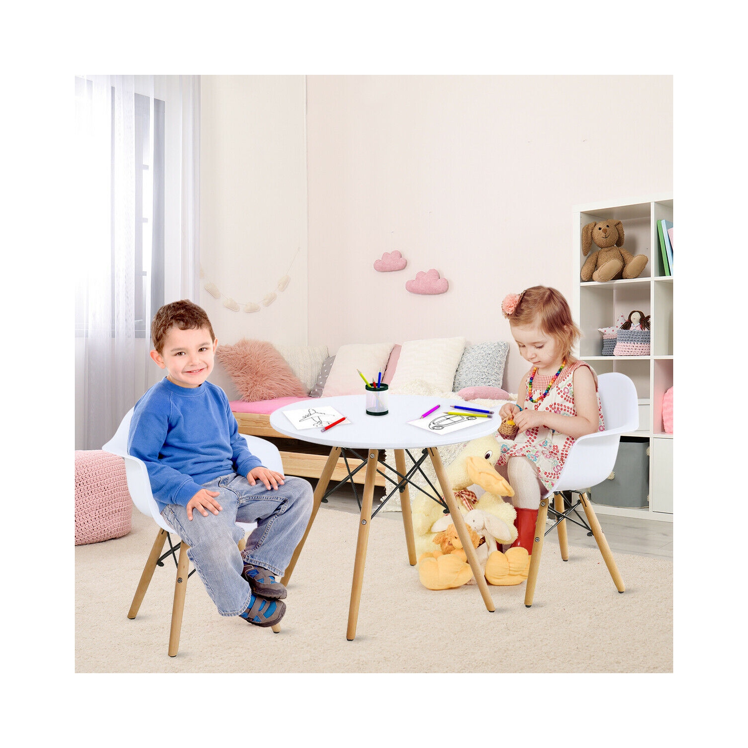 Gymax 3 Piece Kids Round Table Chair Set with 2 Arm Chairs White