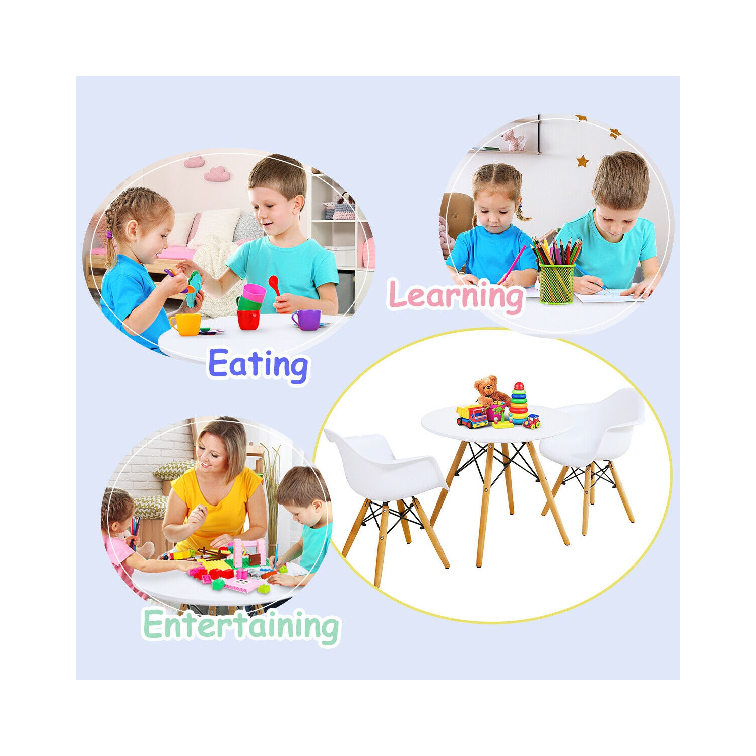 Gymax 3 Piece Kids Round Table Chair Set with 2 Arm Chairs White