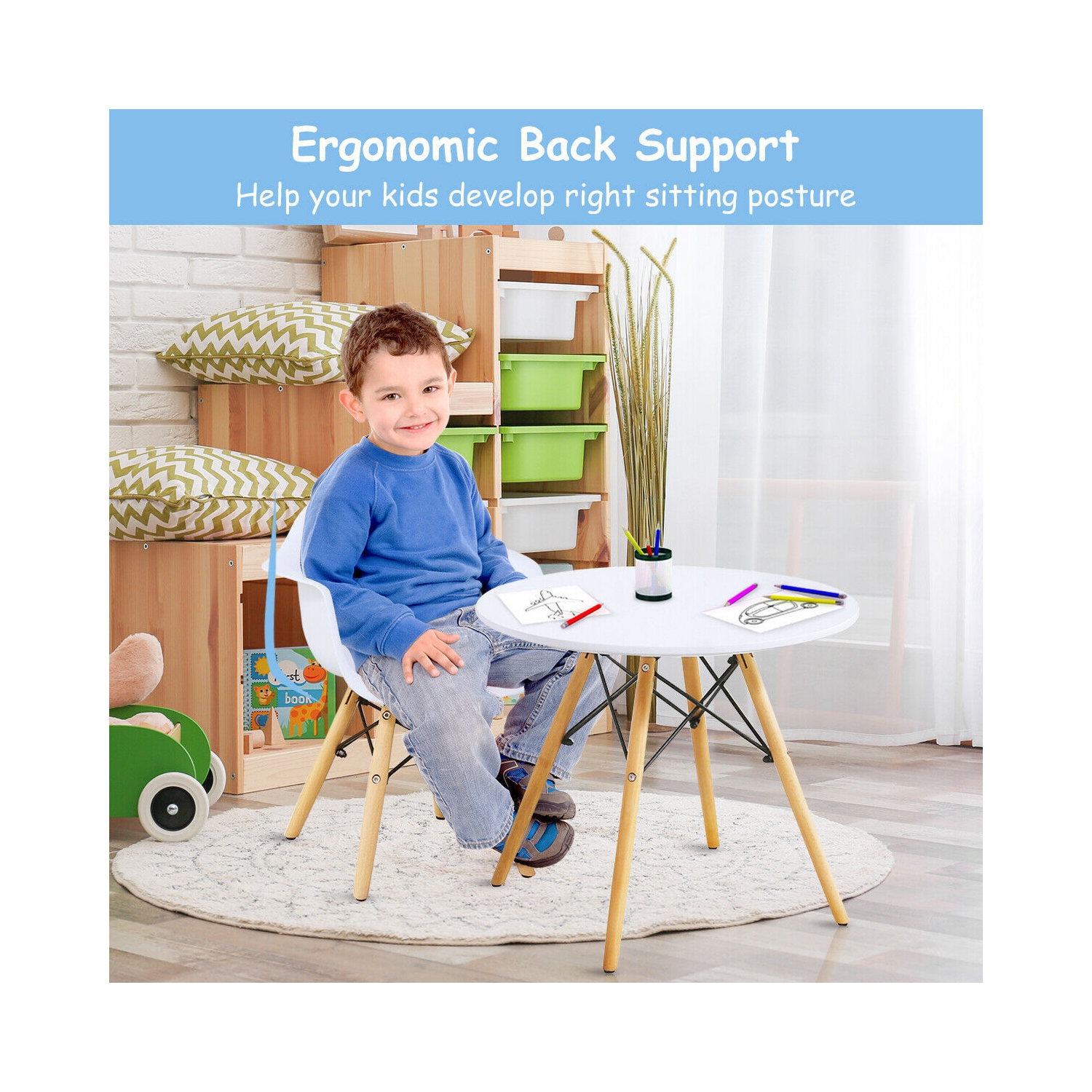 Gymax 3 Piece Kids Round Table Chair Set with 2 Arm Chairs White