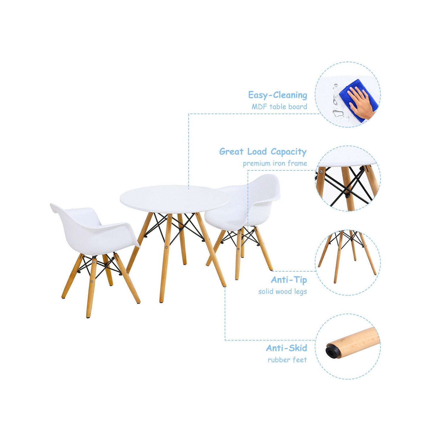 Gymax 3 Piece Kids Round Table Chair Set with 2 Arm Chairs White