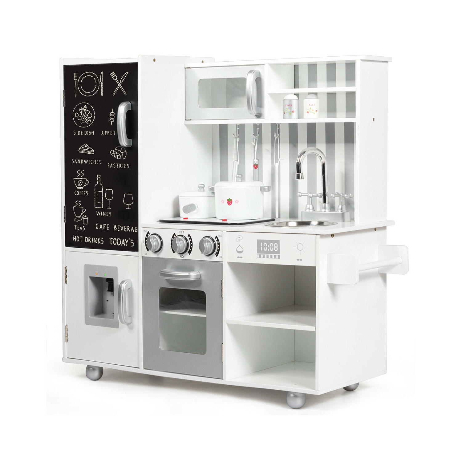 Gymax Kids Wooden Pretend Kitchen Playset Cooking Toys w/ Utensils Sounds & Wordpad