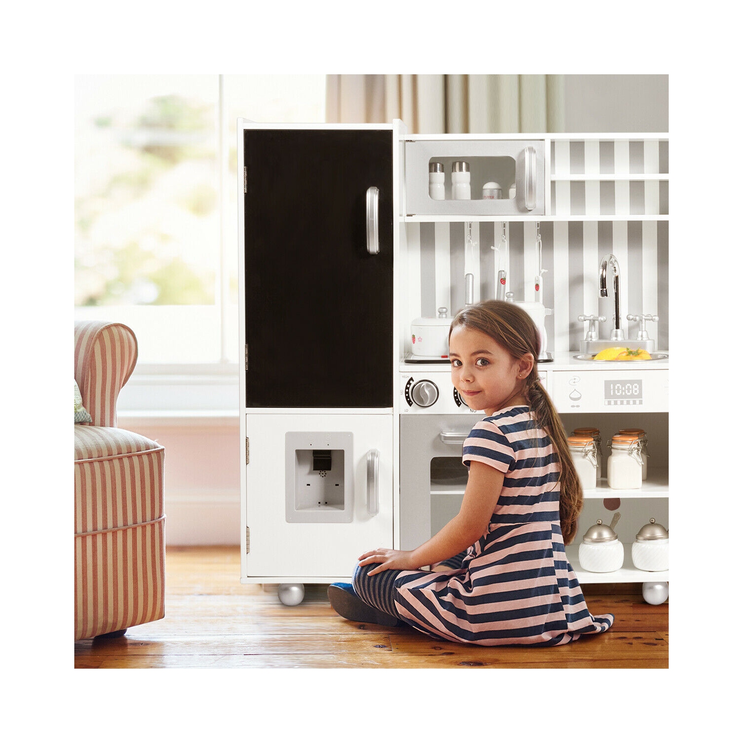 Gymax Kids Wooden Pretend Kitchen Playset Cooking Toys w/ Utensils Sounds & Wordpad