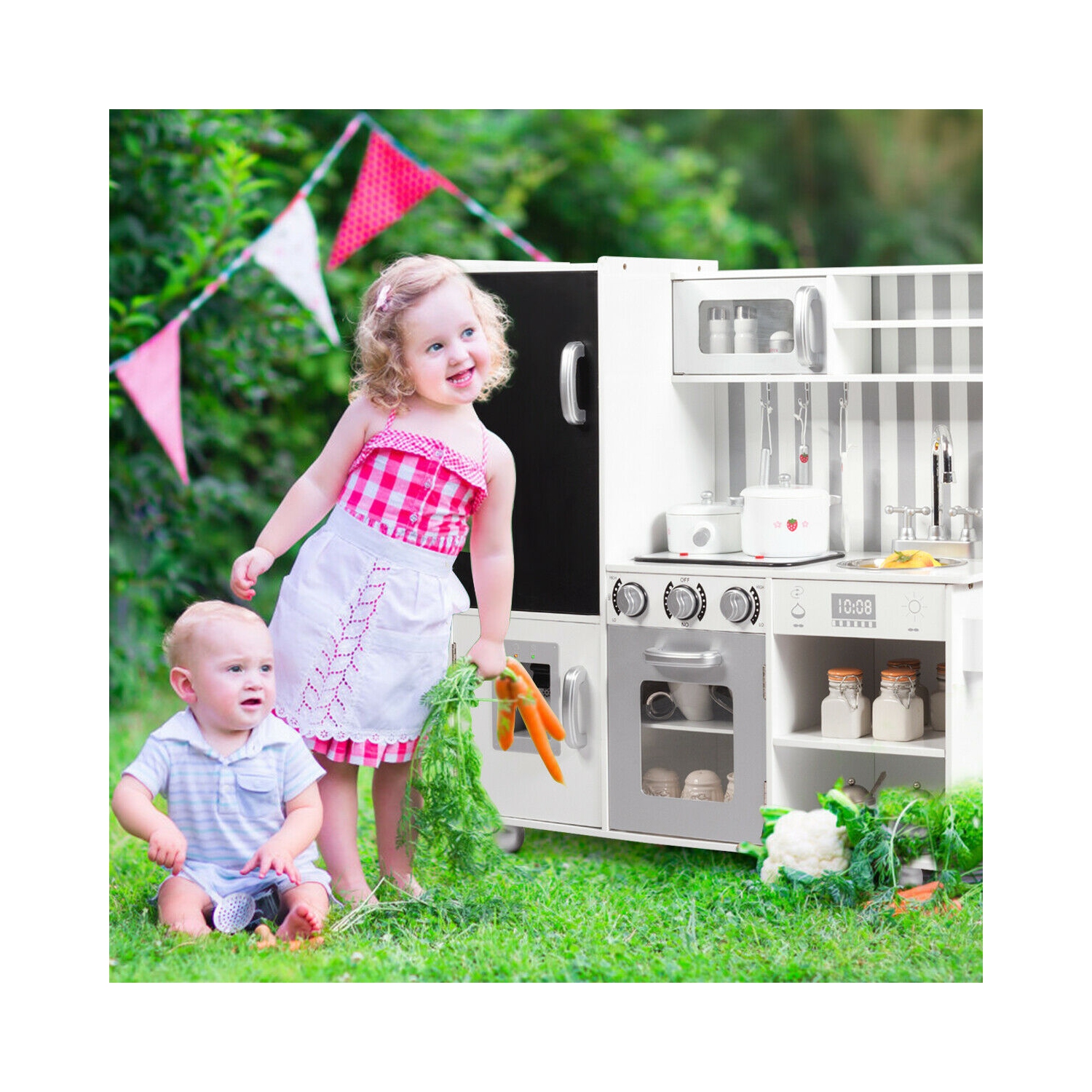 Gymax Kids Wooden Pretend Kitchen Playset Cooking Toys w/ Utensils Sounds & Wordpad