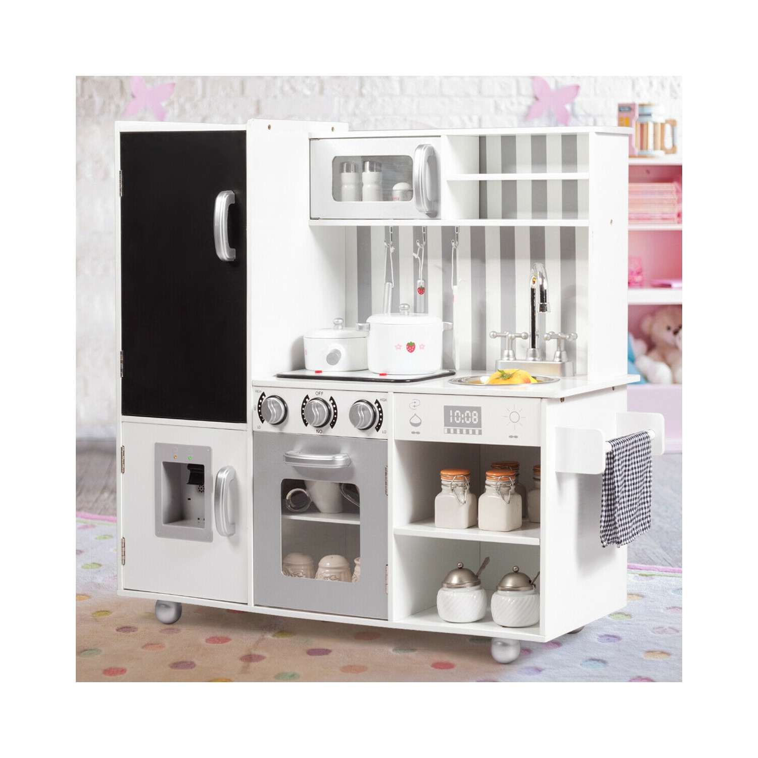 Gymax Kids Wooden Pretend Kitchen Playset Cooking Toys w/ Utensils Sounds & Wordpad