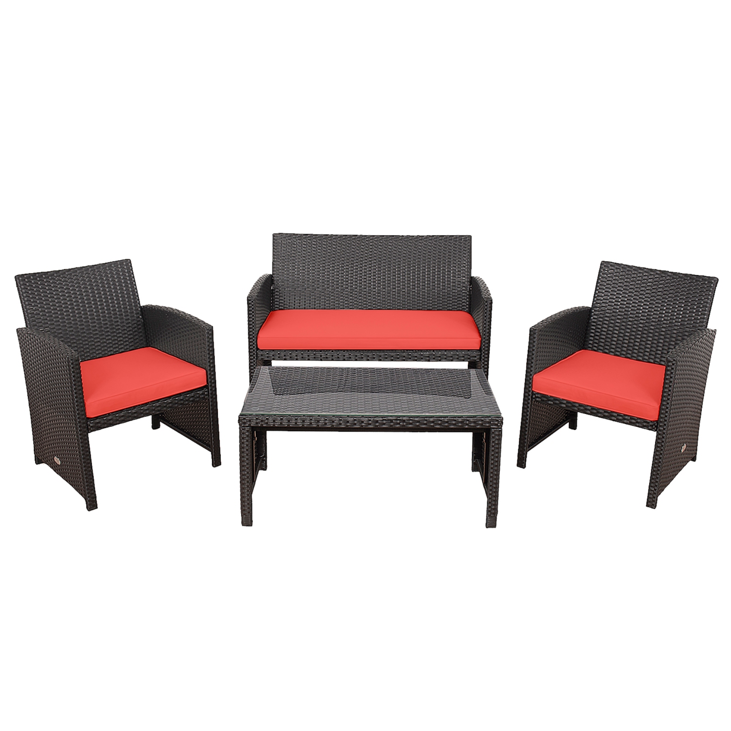 Gymax 4PCS Patio Conversation Set Outdoor Rattan Furniture Set w/ Red Cushions