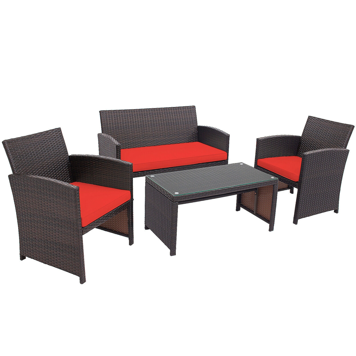 Gymax 4PCS Patio Conversation Set Outdoor Rattan Furniture Set w/ Red Cushions