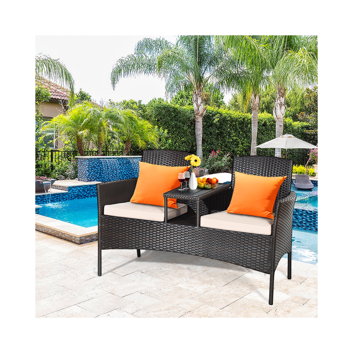 Ensemble de mobilier en rotin avec table basse intégrée et Coussin marque Gymax