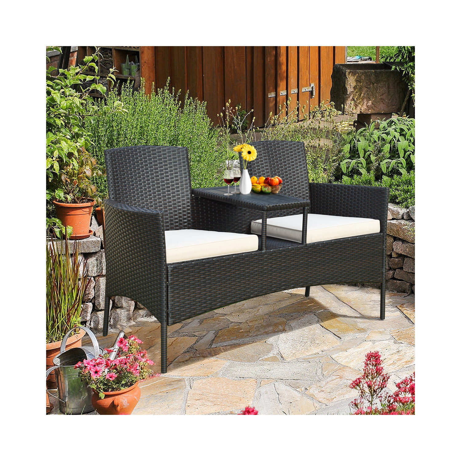 Ensemble de mobilier en rotin avec table basse intégrée et Coussin marque Gymax