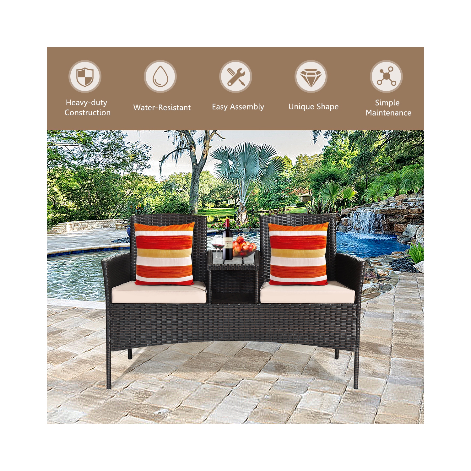 Ensemble de mobilier en rotin avec table basse intégrée et Coussin marque Gymax