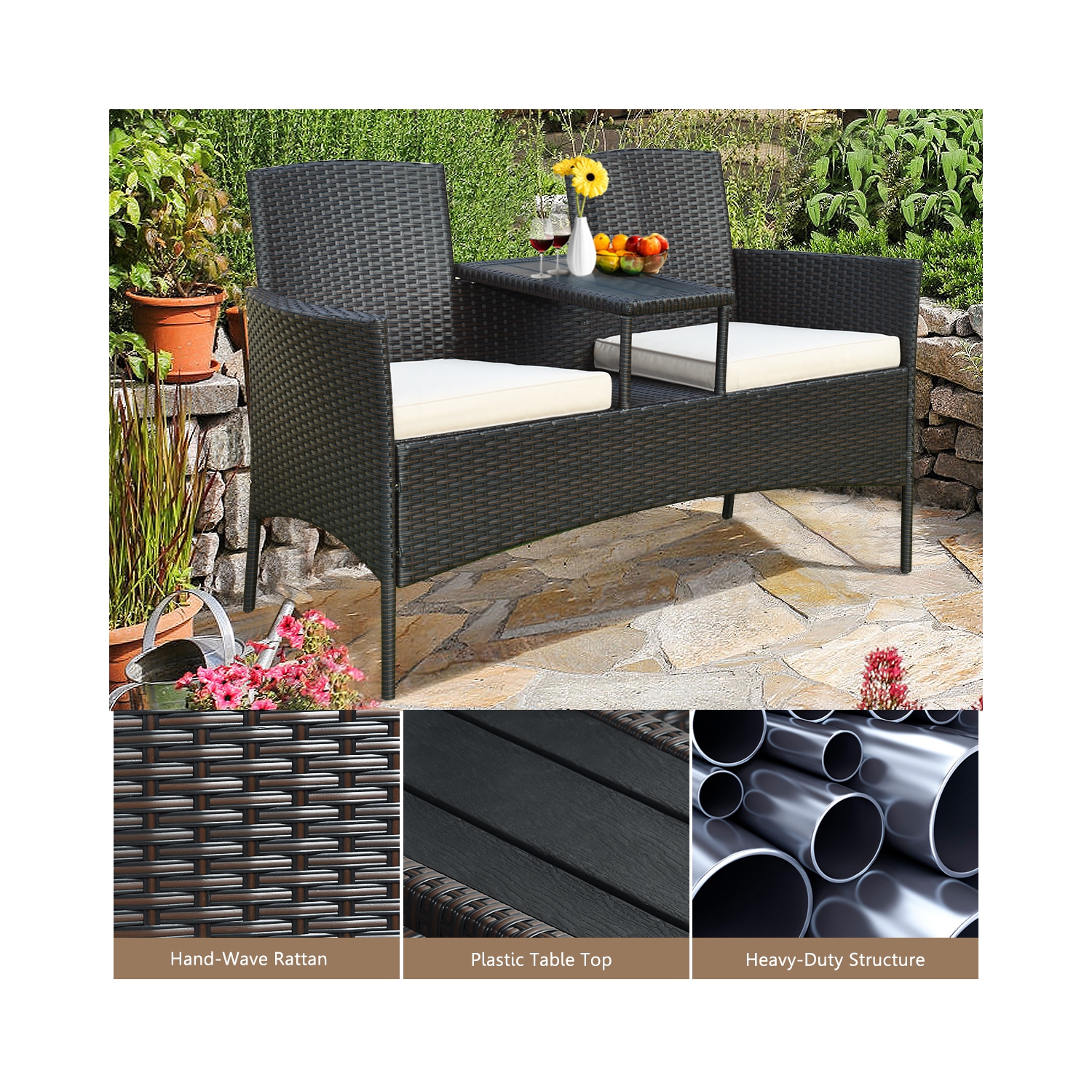 Ensemble de mobilier en rotin avec table basse intégrée et Coussin marque Gymax