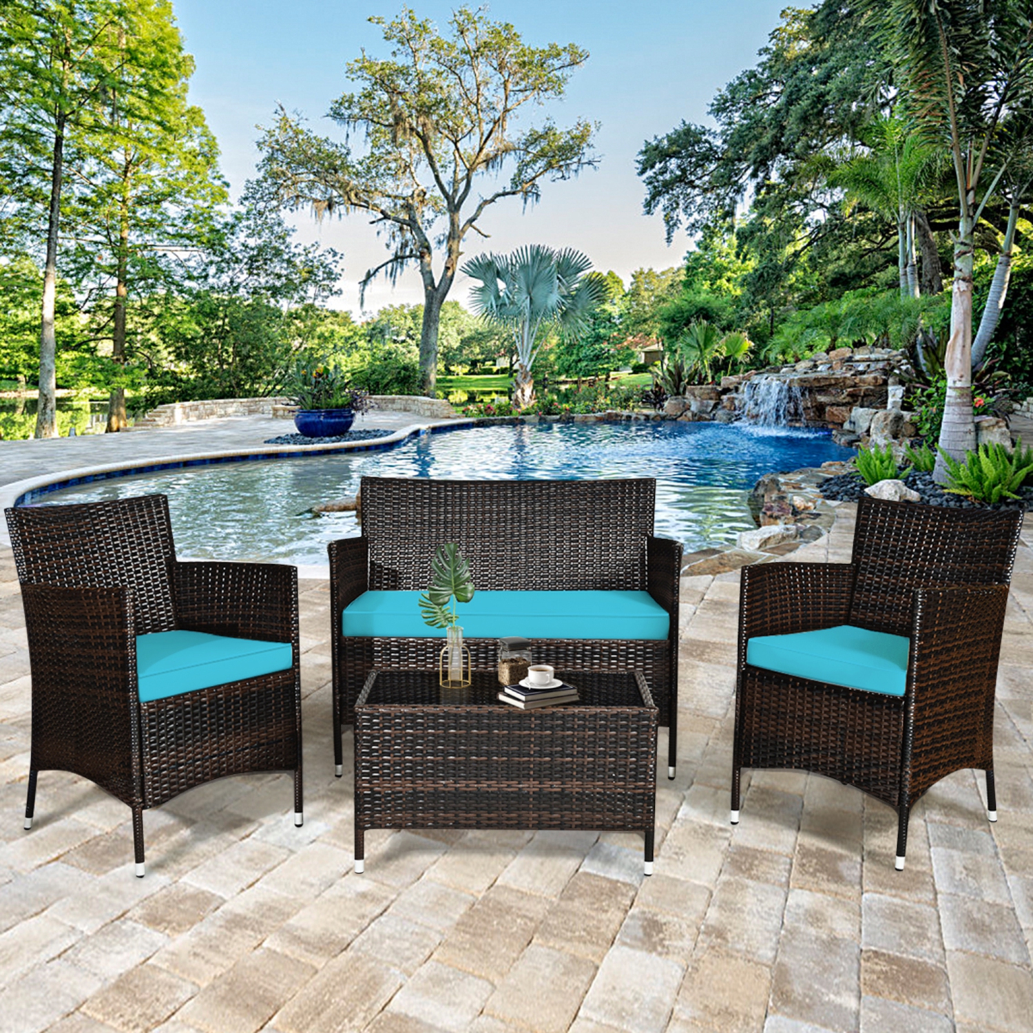Gymax 8PCS Patio Rattan Conversation Furniture Set Outdoor w/ Cushion