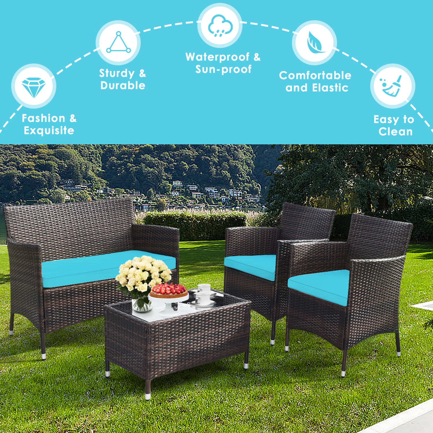 Gymax 8PCS Patio Rattan Conversation Furniture Set Outdoor w/ Cushion