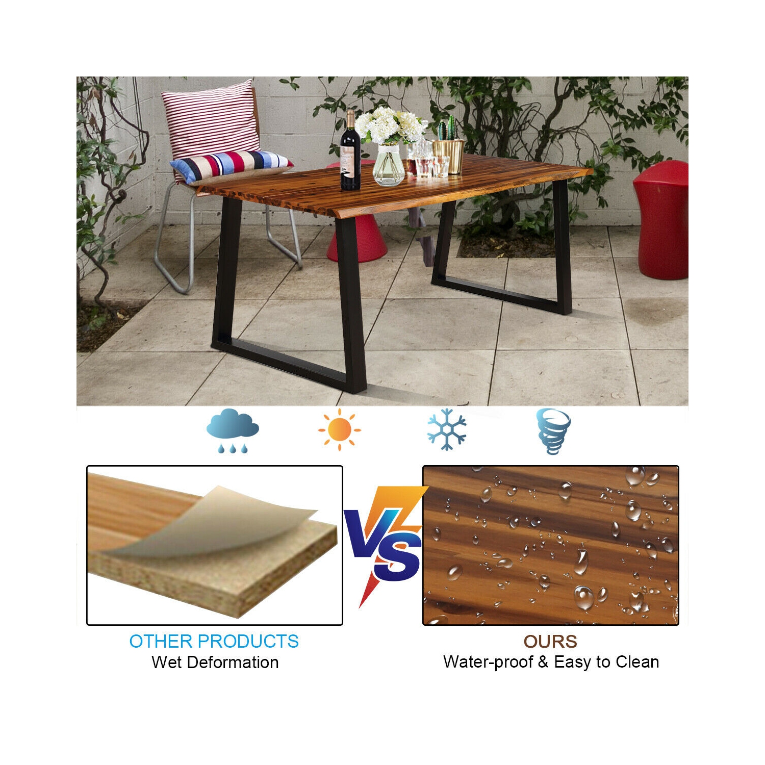 Gymax Rectangular Acacia Wood Dining Table Rustic Indoor &Outdoor Furniture