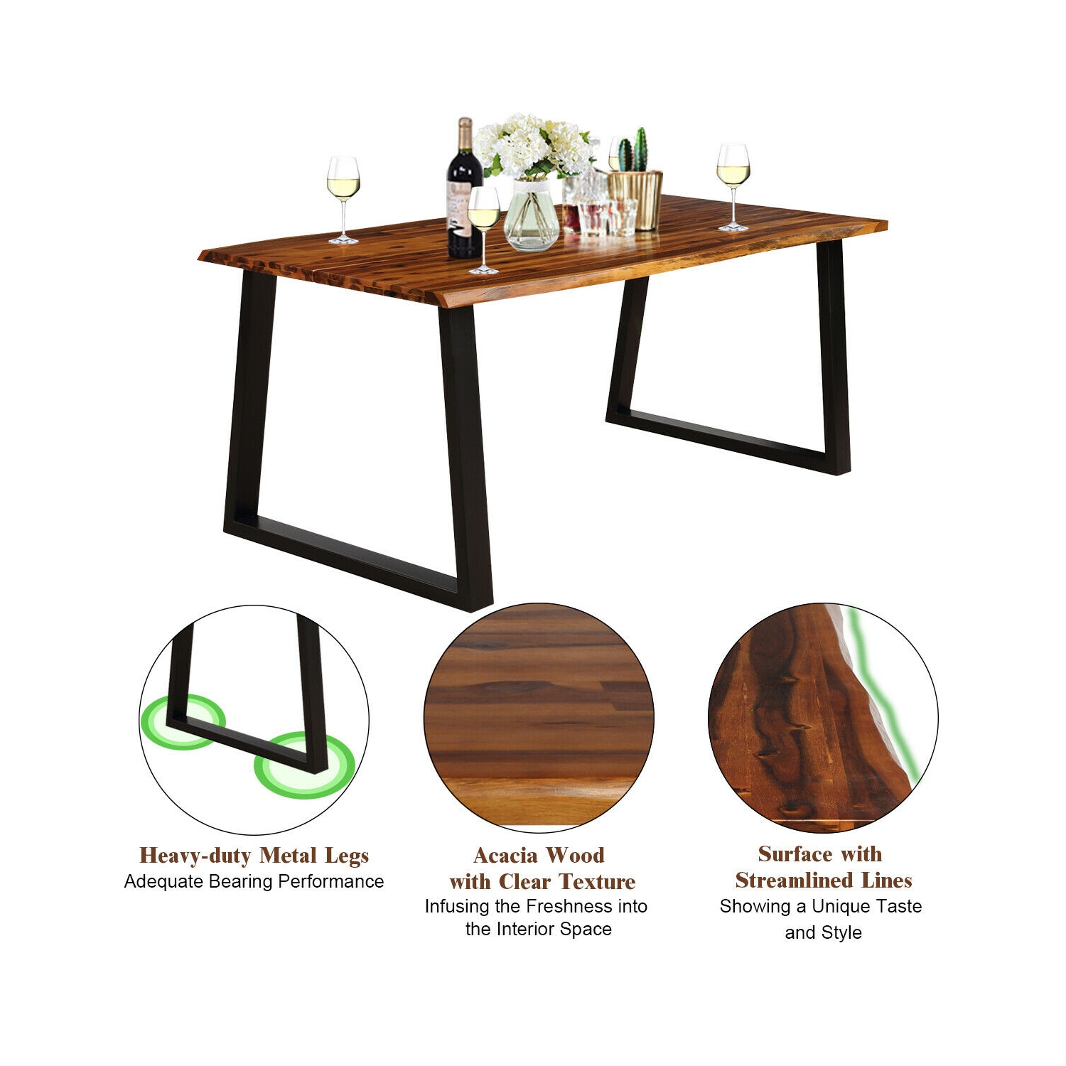 Gymax Rectangular Acacia Wood Dining Table Rustic Indoor &Outdoor Furniture