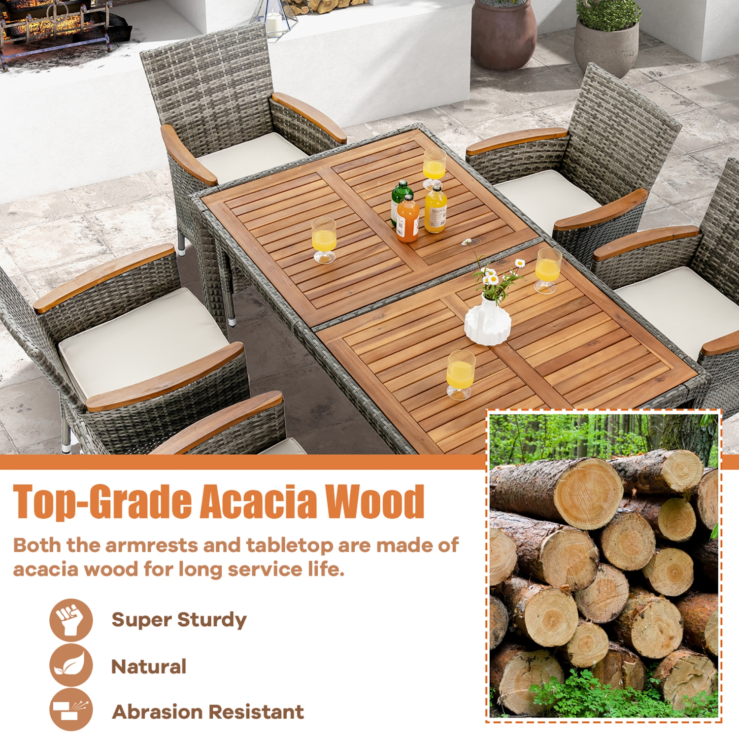 Gymax 7PCS Outdoor Dining Set Patio Acacia Wood and Rattan Furniture Set w/ Cushions