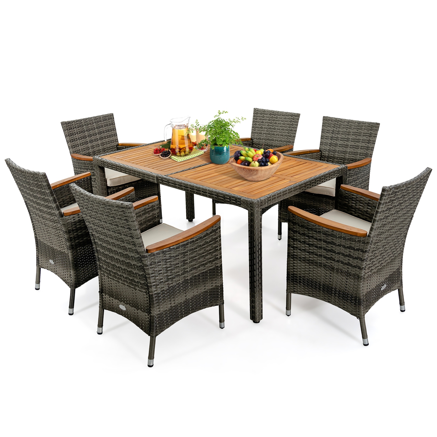 Gymax 7PCS Outdoor Dining Set Patio Acacia Wood and Rattan Furniture Set w/ Cushions