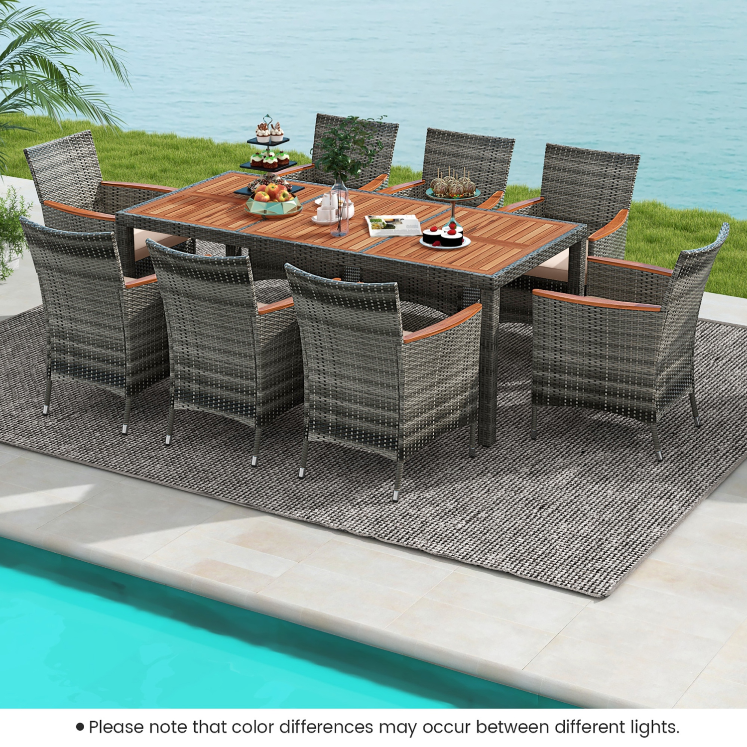 Gymax 9 PCS Wicker Dining Set Patio Dining Furniture Set w/ Acacia Wood Table & 8 Armchairs